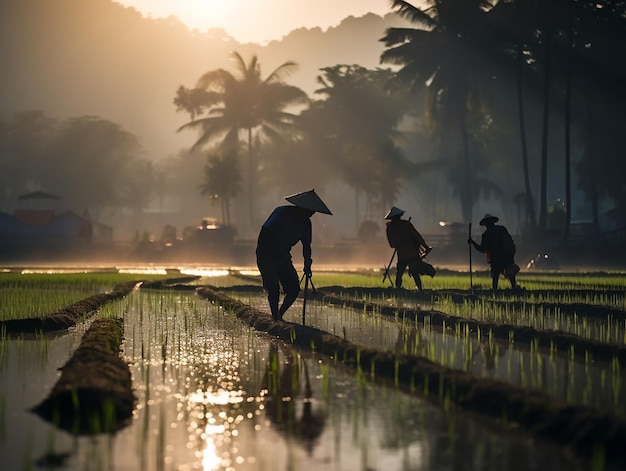 Los hombres de Vietnam trabajan en campos de arroz generados por IA.