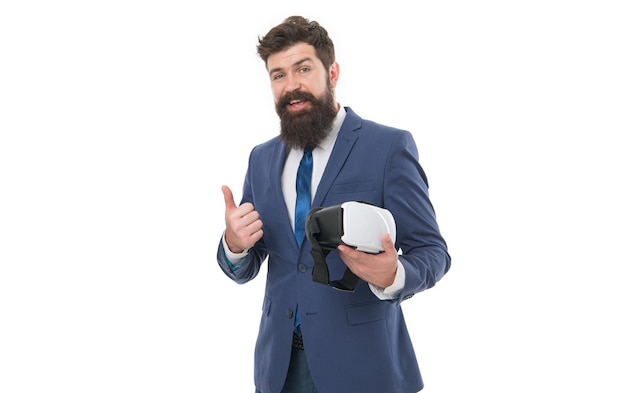 Hombres vr gafas tecnología moderna Negocio virtual Concepto de negocio en línea Hombres con barba trajes formales Tecnologías digitales y cibernéticas Experiencia experimental Innovación empresarial Presentación Vr