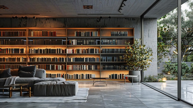 Home Corner de la Biblioteca Un acogedor espacio de lectura con una estantería y asientos cómodos iluminados por la luz natural