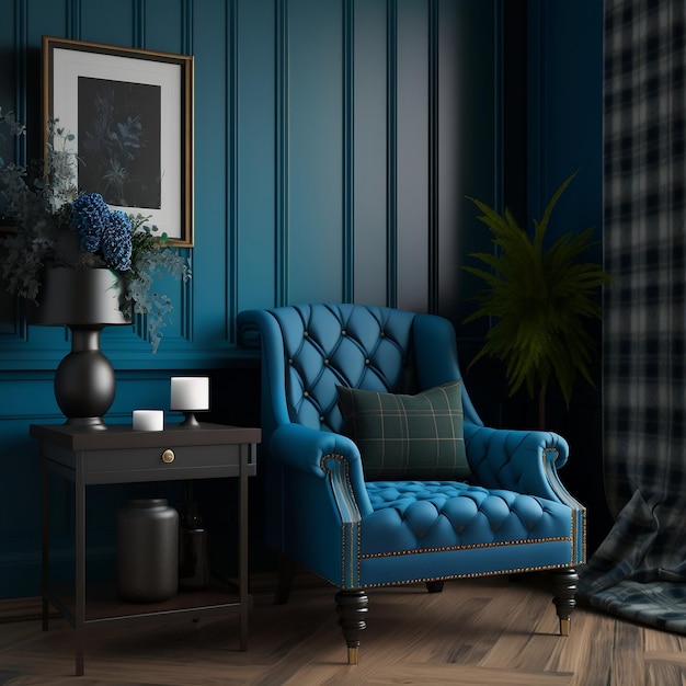 Home Design Zeitgenössisches Wohnzimmer mit Akzent-Couchtisch, klassisch gemusterten Sesseln und generativer AI-Wandverkleidung