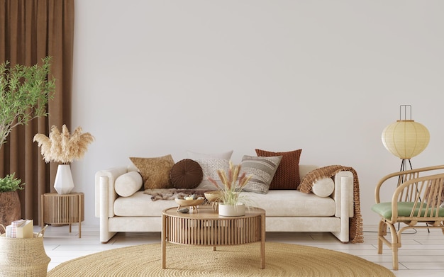 Home Interior Mockup mit gemütlichem Sofa auf weißem Wandhintergrund 3d render
