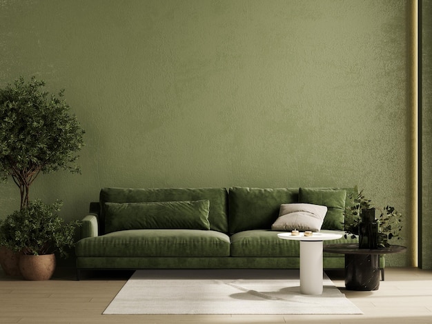 Home Interior Mockup mit grüner Sofatischpflanze und Dekor im Wohnzimmer 3D-Rendering