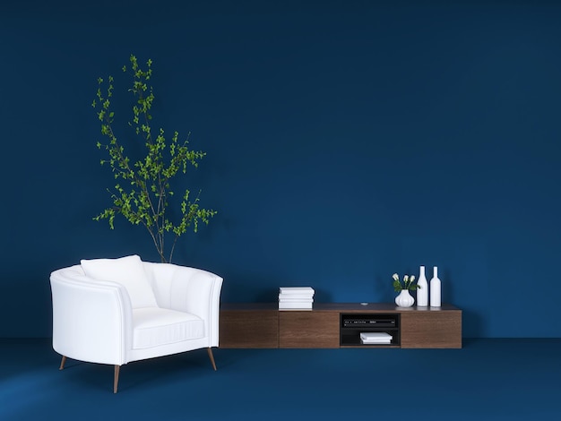 Home Interior Mockup mit weißem Sofa Holzschrank und Dekor im Wohnzimmer 3D-Rendering