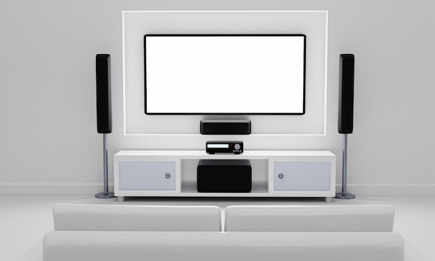 Home-Kino und Fernsehbildschirm im Wohnzimmer Großwandbildschirm TV und Audio-Ausrüstung für Mini-Kino mit Surround-Lautsprecher-System im Raum weißer Marmorboden 3D-Rendering