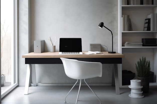 Home office minimalista com mesa e cadeira elegantes e sem distrações criadas com IA generativa