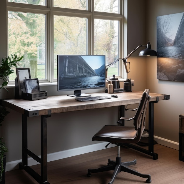 Home Office moderno com mesa industrial