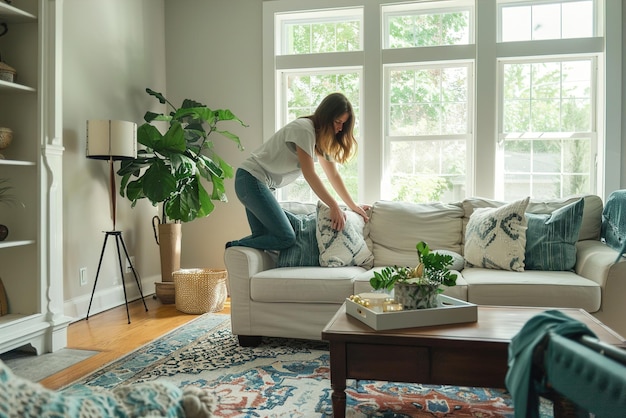 Home staging Ein professioneller Innenarchitekt, der Möbel und Dekorationen in einem leeren Haus arrangiert, um zu zeigen