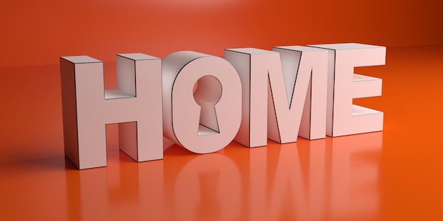 HOME Text weiße Buchstaben und Schlüsselloch vor orangefarbenem Hintergrund 3D-Illustration