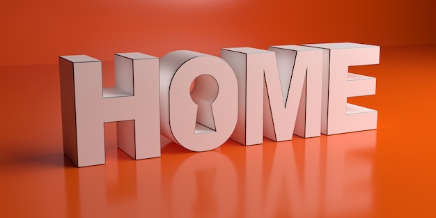 HOME texto letras blancas y agujero de llave contra fondo de color naranja ilustración 3d