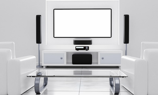 Home theater e tela de tv na sala de estar tela de parede grande tv e equipamento de áudio mini home theater