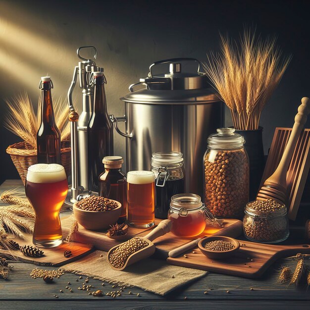 Foto homebrew honey brown beer verschiedene gerste und brauerausrüstung im studio mit dramatischem licht