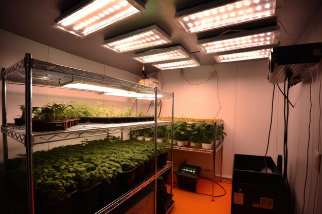 Homegrow-Raum mit hellen LED-Leuchten, Belüftung und Klimatisierung, erstellt mit generativer KI