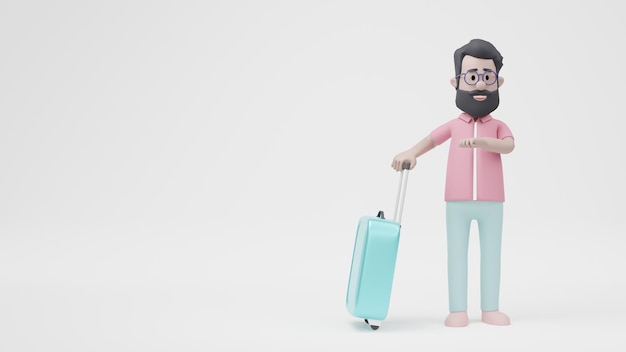 Homem 3D em pé com bagagem de viagem