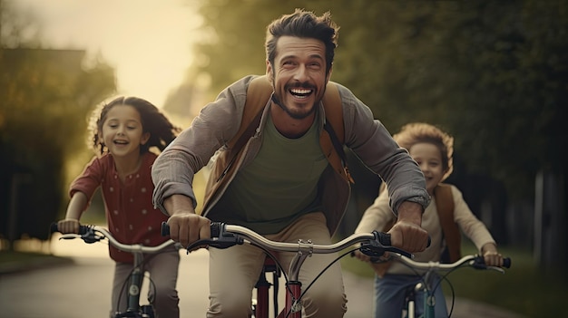 Homem a andar de bicicleta ao lado de uma menina no Dia do Pai