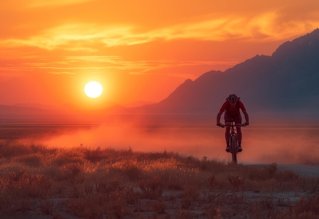 Homem a andar de bicicleta de montanha numa estrada empoeirada ao pôr-do-sol