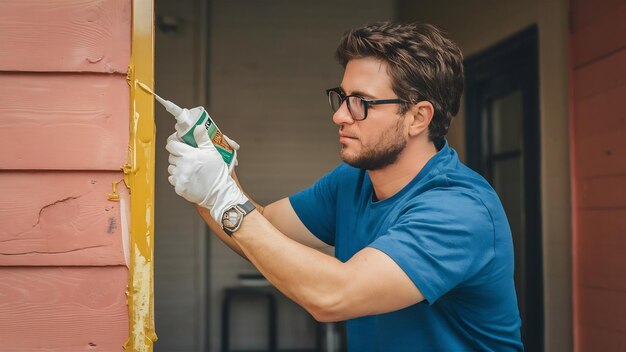 Foto homem a aplicar selante de silicone