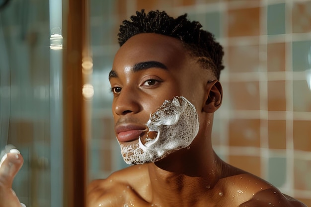 Foto homem a barbear a cara com espuma de espuma