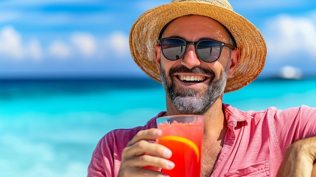 Homem a beber chá gelado de Long Island na praia do paraíso Um dia de verão ensolarado Perfeito para colocação de texto