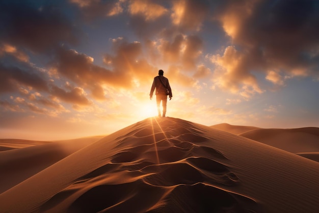 Foto homem a caminhar no deserto ao pôr-do-sol