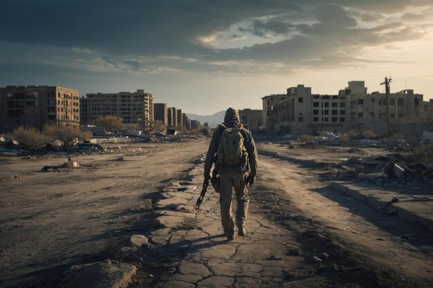 Foto homem a caminhar no deserto com ruínas abandonadas