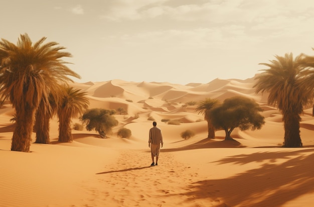 Homem a caminhar pelo oásis do deserto