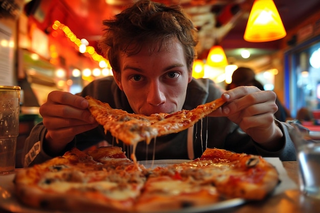 Foto homem a comer uma pizza gigante