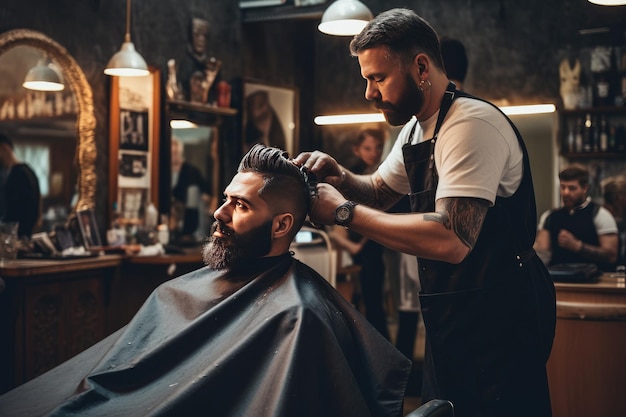 Homem a cortar o cabelo numa barbearia Foto de um jovem barbudo sentado a fazer o corte de cabelo num barbeiro