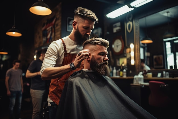 Homem a cortar o cabelo numa barbearia Foto de um jovem barbudo sentado a fazer o corte de cabelo num barbeiro