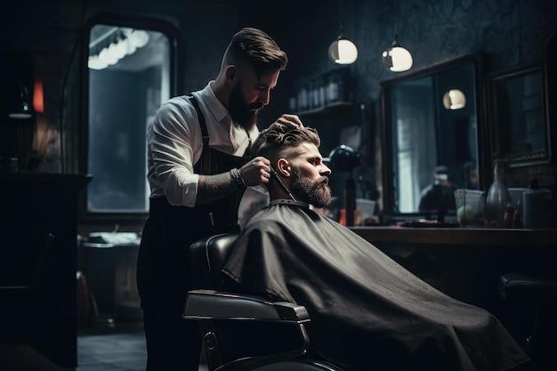 Homem a cortar o cabelo numa barbearia Foto de um jovem barbudo sentado a fazer o corte de cabelo num barbeiro