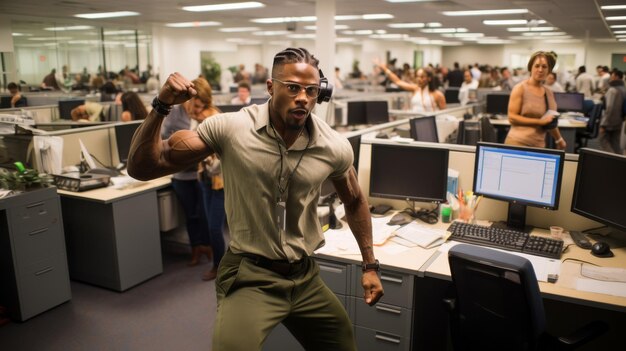 Foto homem a dançar no cubículo do escritório