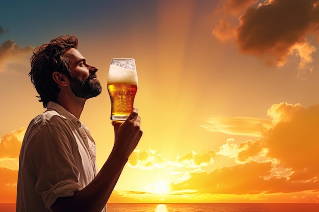 Foto homem a desfrutar de cerveja ao pôr do sol