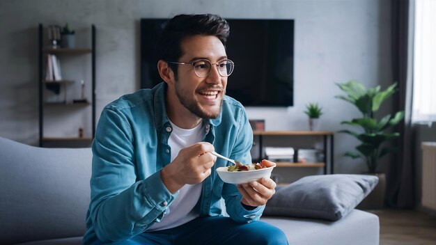 Homem a desfrutar de comida enquanto está sozinho em casa a ver televisão.