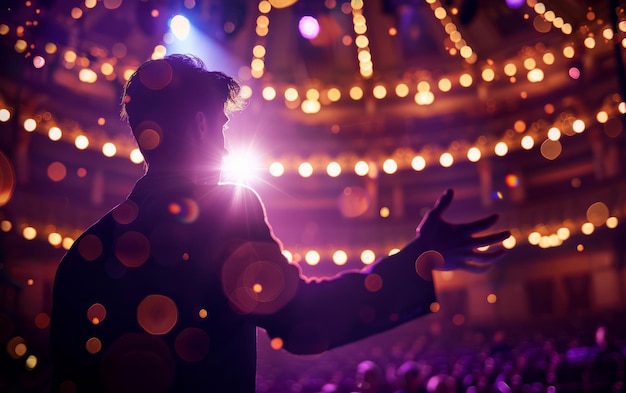 Homem a falar ao público no teatro