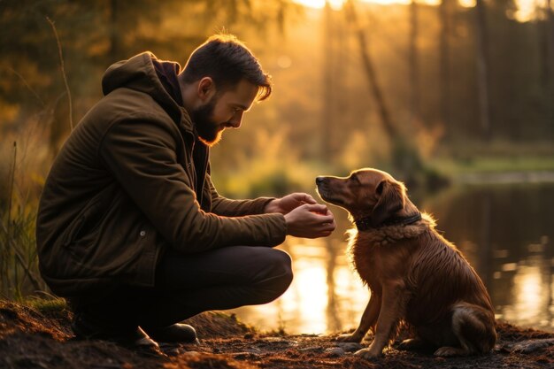 Homem a falar com cão no parque IA generativa