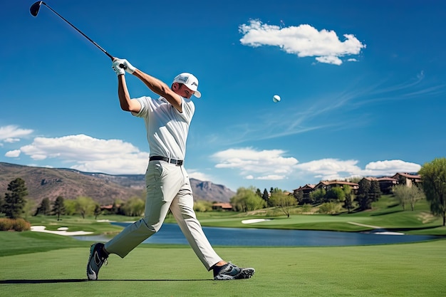 Foto homem a jogar golfe homem a jogar golfe num belo campo de golfe verde ensolarado a bater na bola de golfe