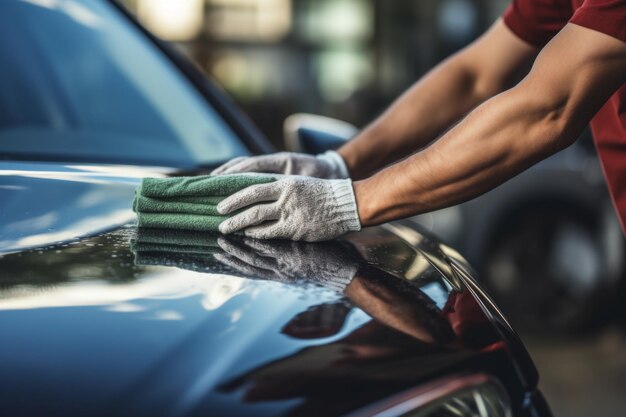 Homem a lavar o carro com um pano.