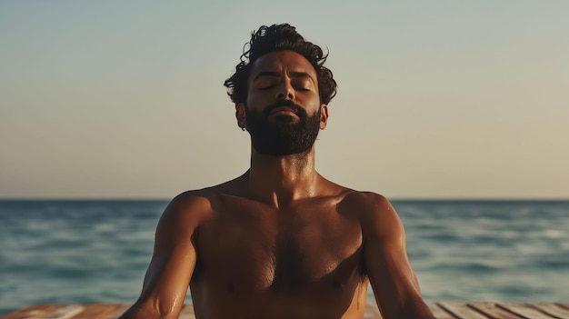 Foto homem a meditar na praia