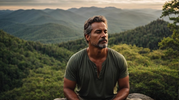 Foto homem a meditar no topo de uma montanha durante o pôr-do-sol homem sentado numa rocha a meditar