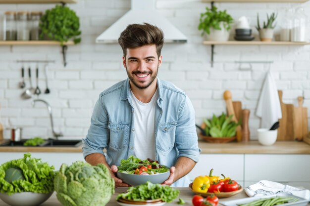 Homem à moda oferecendo salada de jardim