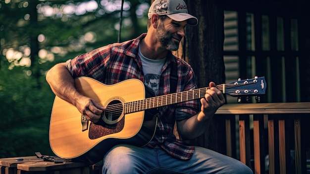 Homem a tocar guitarra acústica no quintal