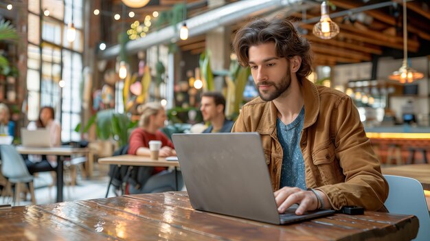 Homem a trabalhar num portátil num café, pessoas desfocadas ao fundo.