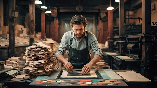 Foto homem a trabalhar numa imprensa com papel e tintas