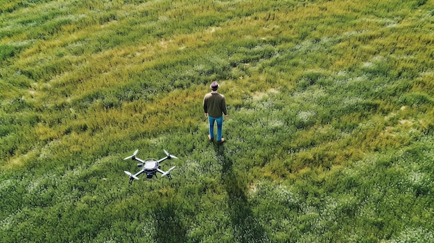 Foto homem a voar um drone no campo verde ia generativa