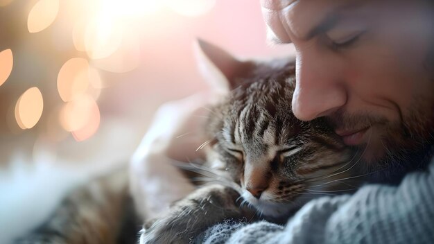 Foto homem abraça gato tabby dentro de casa destacando o vínculo humano-animal e a adoção de animais de estimação conceito sessão de fotos interna homem e gato humananimal bond adopção de animais de estimação ambiente aconchegante