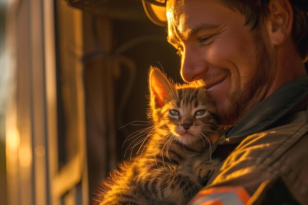 Foto homem abraçando um gatinho na luz da hora dourada