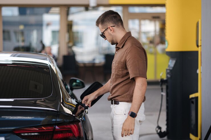 Foto homem abre tanque no carro para o processo de reabastecimento de combustível de início aumento do preço do combustível da estação de gasolina