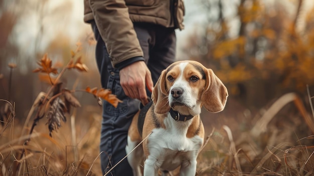 Homem acariciando seu amigo cão Cão Beagle desfrutando da comunicação com seu dono durante uma caminhada ao ar livre