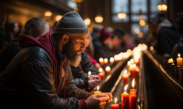 Foto homem acende velas numa igreja