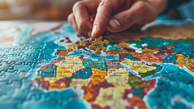 Homem adicionando uma peça de quebra-cabeça a um mapa global vibrante Generative Ai