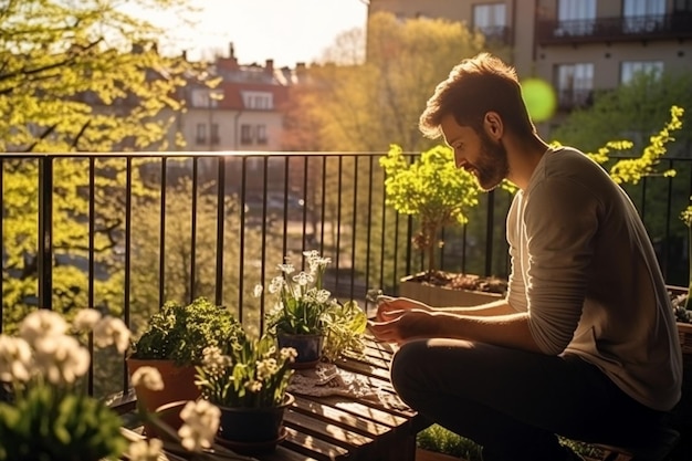 Homem adotando uma rotina matinal serena em uma varanda ensolarada com vista para um vibrante jardim de primavera